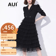AUI西裝連衣裙女2023秋季新款名媛氣質(zhì)假兩件黑色中長(zhǎng)款網(wǎng)紗蛋糕裙 黑色 L