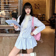 芭芙達(dá)妮學(xué)院風(fēng)拼接撞色條紋長(zhǎng)袖連衣裙女夏季新款寬松休閑蝴蝶結(jié)系帶裙子 藍(lán)色條紋 M