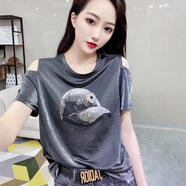 HUALIN FASHION歐洲站潮流女裝2025夏燙鉆帽子露肩純色T恤圓領(lǐng)百搭個(gè)性上衣 黑色 M 【建議90-100斤】