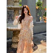 玉極虞法式粉色v領(lǐng)開(kāi)叉碎花雪紡吊帶連衣裙女夏不規則無(wú)袖背心裙子長(cháng)裙 主圖款 S (85-98)