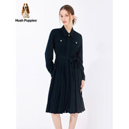 暇步士（Hush Puppies）女裝春秋優(yōu)雅通勤翻領襯衫百褶連衣裙 196深藍 L