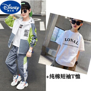 迪士尼（Disney）品牌童裝男童秋裝套裝春秋款兒童外套褲子秋季兩件套男孩運動套裝 綠色1 MGBB三件套(+純棉T恤) 120 身高105-114體重30-40斤