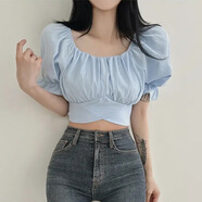瑟空（SEKONG）2025夏新款辣妹法式短款襯衫后背蝴蝶結系帶襯衣女泡泡袖上衣YDK 1808-2后背蝴蝶結系帶 藍色 M