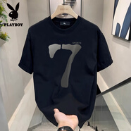 花花公子（PLAYBOY）2025新款半袖休閑數(shù)字7男士短袖t恤夏季印花體恤寬松百搭上衣 黑色 M