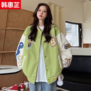 韓惠芷美式棒球服外套女學(xué)院風(fēng)2024秋冬季新款ins寬松刺繡夾克加絨女 A63綠色春秋款 【雙層有內里】 L 【建議100-125斤】