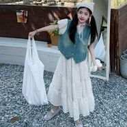 HUALIN FASHION廣州十三行女童夏季泡泡袖牛仔連衣裙波點半身裙套裝夏裝大童短袖 波點裙牛仔套裝 120 cm