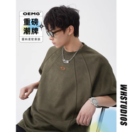 OEMG 美式復古短袖t恤男夏季重磅五分袖潮牌五分袖撞色刺繡上衣服體恤 綠色 2XL [建議135-150斤]