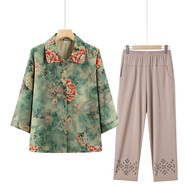 卓汐顏奶奶裝夏裝套裝老年人女裝60歲70媽媽春裝夏季老太太中袖老人衣服 綠色套裝【上衣+卡其鏤空褲】 XL 建議【80-100斤】