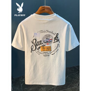 花花公子（PLAYBOY）白色T恤男夏季新款高端潮流印花t恤美式輕奢新疆棉舒適短袖T恤衫 白色 【JSW9906白色】 L 適合109-123斤穿
