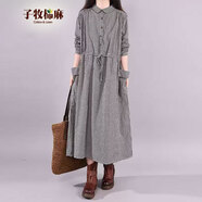 子牧棉麻秋裝 女文藝復(fù)古格子連衣裙中長款寬松顯瘦單排扣襯衫裙9895 格子 XXL(建議135-145斤)