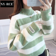 NY-RCE毛衣女2025冬季新款高品質(zhì)高領(lǐng)加厚寬松款秋冬短款潮流百搭針織衫 條紋綠半高領(lǐng) (保暖) 加厚 均碼