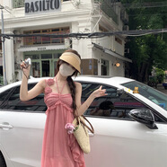 XCFREHT重工立體玫瑰花朵吊帶連衣裙仙女夏季綁帶掛脖長(cháng)裙露背荷葉邊裙子 不露背連衣裙 L