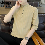 JEEP SPIRIT吉普品牌2025棉麻七分袖t恤男夏季條紋短袖立領(lǐng)五分袖純色百搭潮 8899卡其色 4XL 165-180斤