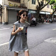 姿偉祺夏季韓版后背開叉前后字母印花寬松中長款無袖背心女恤上衣 huise XL