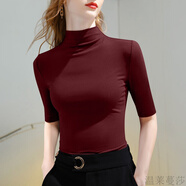 溫萊蔓莎半截袖女士半袖高檔上衣女春秋半高領(lǐng)打底衫內搭螺紋短袖中袖t恤 酒紅色 M 建議80-95斤