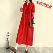 【特價(jià)】日系高端出口尾單女裝棉麻連衣裙寬松顯瘦藏肉刺繡七分袖 紅色 L【建議115-130斤】