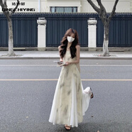 清池影（QINGCHIYING）新中式森系復古水墨吊帶連衣裙女夏季新款拼接收腰大裙擺A字長裙 水墨畫吊帶連衣裙【高品質(zhì)】 M 【建議90-105斤穿】