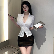 阿尤布夜店 網(wǎng)紅時(shí)尚秘書(shū)制服短袖修身襯衫+緊身網(wǎng)紗包臀半身裙套 兩件套 S