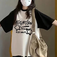 Baldauren大童女裝夏季套裝新款12-15歲初中高中學(xué)生17少女寬松短袖t恤休閑 星星#白插黑短袖 【單上衣】 薄款 160 (L) 【105-120】斤