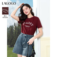 LAGOGO撞色蕾絲繡花T恤女拉谷谷2025年夏季新款溫柔顯白純棉上衣 酒紅色 M