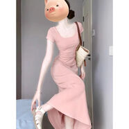 HUALIN FASHION廣州十三行碧蓮茜收腰連衣裙修身包臀微胖a型長裙御姐風(fēng)春季女裝 櫻花淺粉長款連衣裙 【方領(lǐng)后背 S