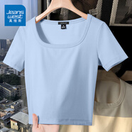 真維斯（JEANSWEST）短款短袖t恤女2025年新款夏季修身顯瘦方領(lǐng)純色洋氣高腰緊身小衫 天藍(lán) 純色 S