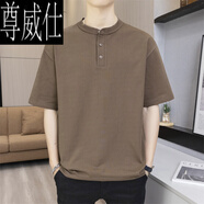 尊威仕（ZUNWEISHI）短袖t恤男重磅純棉夏季寬松薄款透氣亨利領(lǐng)ins潮牌百搭打底半袖 咖啡色 XL 125-145斤