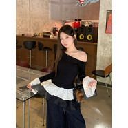 湘默一字肩收腰針織衫2025新款實(shí)拍黑色拼接網(wǎng)紗波點(diǎn)斜肩針織打底衫女 黑拼白波露肩點(diǎn)T 均碼