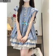 詩丹蕊2025新款小個(gè)子超可愛格子小飛袖連衣裙女寬松甜美顯瘦公主短裙夏 格紋連衣裙【不含打底褲】 均碼 【可備注碼數(shù)】
