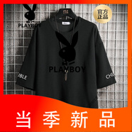花花公子（PLAYBOY）夏季冰絲七分袖男t恤寬松半袖薄款潮牌加肥加大碼體恤上衣服 黑色 XL (130至145斤穿著(zhù))