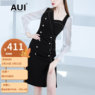 AUI 撞色連衣裙女歐洲站2022年春新品氣質(zhì)職業(yè)裝女裝修身中長(zhǎng)款裙子 黑色 S