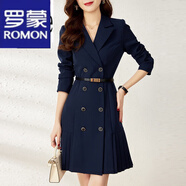 羅蒙（ROMON）輕奢女裝法式氣質(zhì)通勤收腰顯瘦西裝連衣裙女春秋新款腰帶壓褶裙子 藏藍色 L