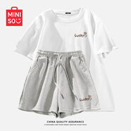 名創(chuàng)優(yōu)品（MINISO）運動套裝女夏季2025年新款純棉短袖小個子休閑夏裝搭配一整套女裝 白色+麻灰(幸運愛心) M 160(不褪色不變形)