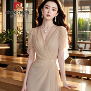 皮爾卡丹（PIERRE CARDIN）2025春季新款女裝高端小眾設(shè)計法式收腰長款杏色短袖雪紡連衣裙女 杏色 2XL 120-130斤