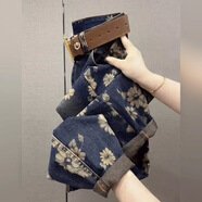 S.SOFEA復古大花印染哈倫褲高腰顯瘦牛仔長(cháng)褲 深藍色【面料】 S 【建議80-95斤】