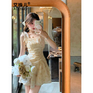 艾珠兒（Aizhuer）法式浪漫黃色碎花連衣裙女夏季2025新款小個子顯瘦茶歇吊帶裙子女 杏桃黃 M