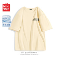 名創(chuàng)優(yōu)品（MINISO）短袖男冰絲夏季男童高級感降溫休閑寬松半袖高中學(xué)生痞帥百搭T恤 淺米(清新折簽胸標(biāo)) L 175(30天質(zhì)量問題全額退)