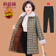 俞兆林（YUZHAOLIN）媽媽冬裝格子棉衣外套中長(cháng)款棉襖中老年女裝洋氣加絨加厚棉服 330-黃色格 + 黑色加絨褲 XL (參考90-105斤)