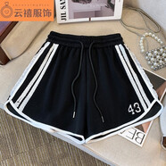 君瑞思2025夏季新款韓系蕾絲拉條運動(dòng)短褲女寬松百搭淑女風(fēng)A字熱褲 黑色 M