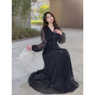 衣彩灣2025春夏新款超仙雪紡拼接蕾絲開(kāi)衩法式修身顯瘦高腰連衣裙長(cháng)裙女 淺藍色 S