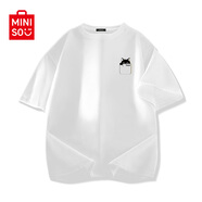 名創(chuàng)優(yōu)品（MINISO）純棉白色短袖男新款潮牌男生半袖t恤青少年百搭正肩圓領(lǐng)上衣體恤 白色(口袋貓胸標(biāo)) L /175(30天質(zhì)量問題全額退)