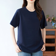 PHJ白色短袖t恤女夏季新款寬松顯瘦遮肚圓領(lǐng)打底衫上衣韓版時尚小衫 寶藍色 2XL