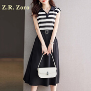 Z.R.Zoro奢侈品連衣裙女2025夏季新款時(shí)尚洋氣收腰顯瘦polo領(lǐng)條紋長裙子女 黑色 M