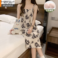 莫代爾夏季吊帶復(fù)古水墨畫(huà)睡衣女士夏天高級(jí)感甜美帶胸墊睡裙棉家居服 T503#花朵-固定胸墊 XL (170)120-140斤