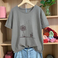 XIERWEI夏款短袖圓領(lǐng)簡(jiǎn)約純棉大碼休閑版斯琴風(fēng)格通勤針織棉衫 咖灰色 均碼