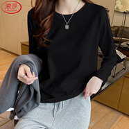 浪莎純棉T恤女長(cháng)袖春秋新款重磅250g寬松休閑百搭純色圓領(lǐng)上衣打底衫