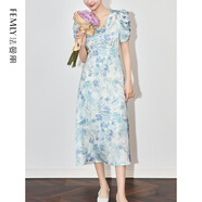 法曼麗 2025夏季法式時尚印花提花高腰名媛氣質(zhì)連衣裙W2502801 藍色 S