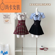 NJTDJOY KIKI金金倫敦高材生夏季學(xué)院風(fēng)刺繡彈力v領(lǐng)背帶裙套裝 紅格背帶裙 L