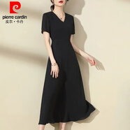 皮爾卡丹（pierre cardin）清爽夏季新款時(shí)尚修身V領(lǐng)大擺裙百搭顯瘦黑色短袖新品連衣裙 黑色 L 【建議106-115斤】