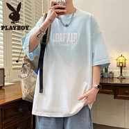 花花公子（PLAYBOY）漸變短袖t恤男夏季冰絲涼感落肩袖寬松T恤男潮牌痞帥五分袖體恤衫 8169淺藍 2XL 約150~170斤可穿